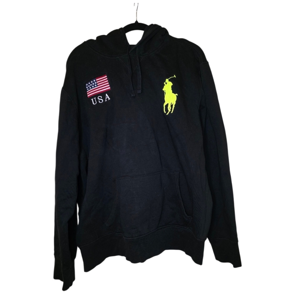 POLO RALPH LAUREN Men's Black Fleece Country Big Pony Hoodie USA Flag - Size XL
